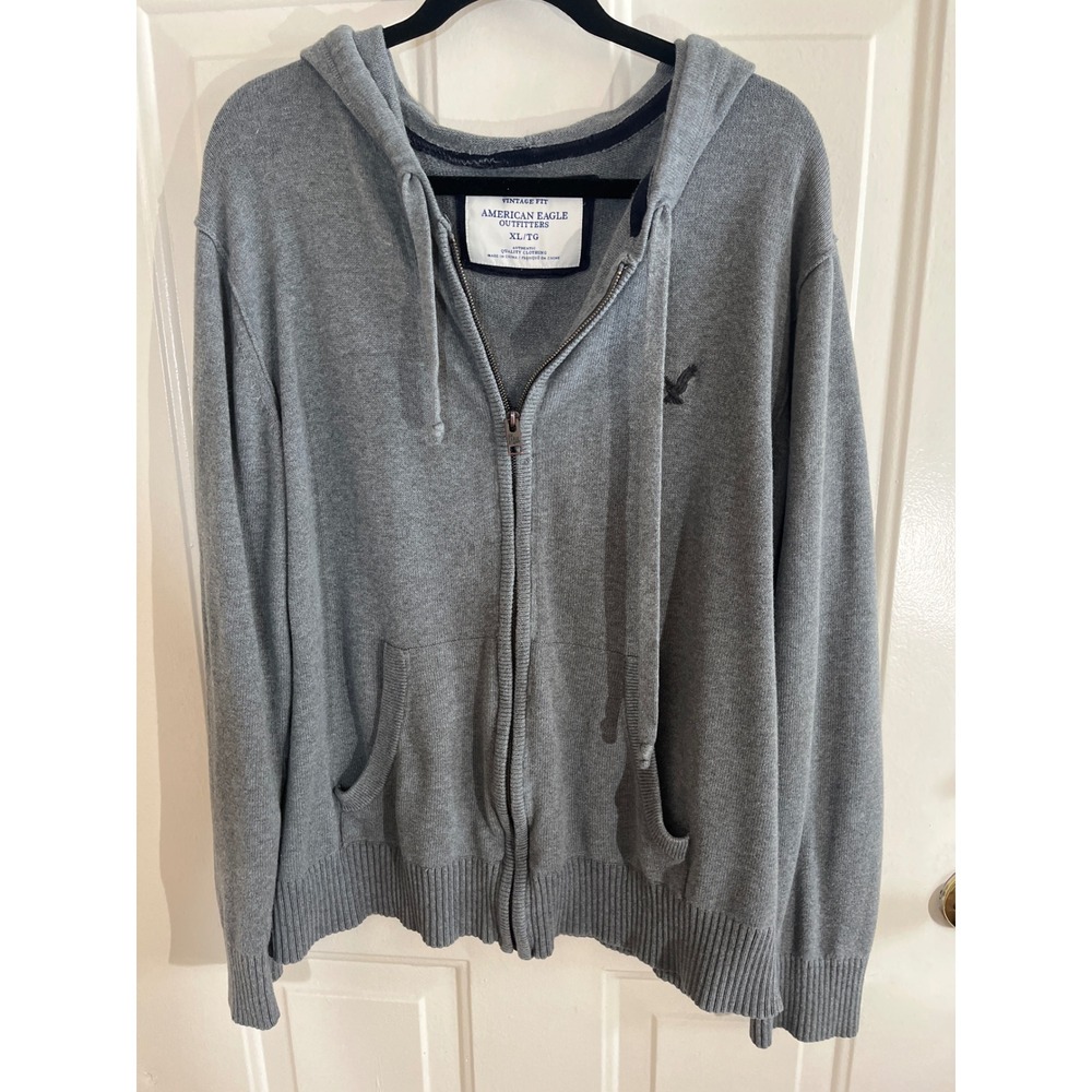 American Eagle Hoodie Men's XL Gray Full Zip Vintage Fit Knit Eagle Logo